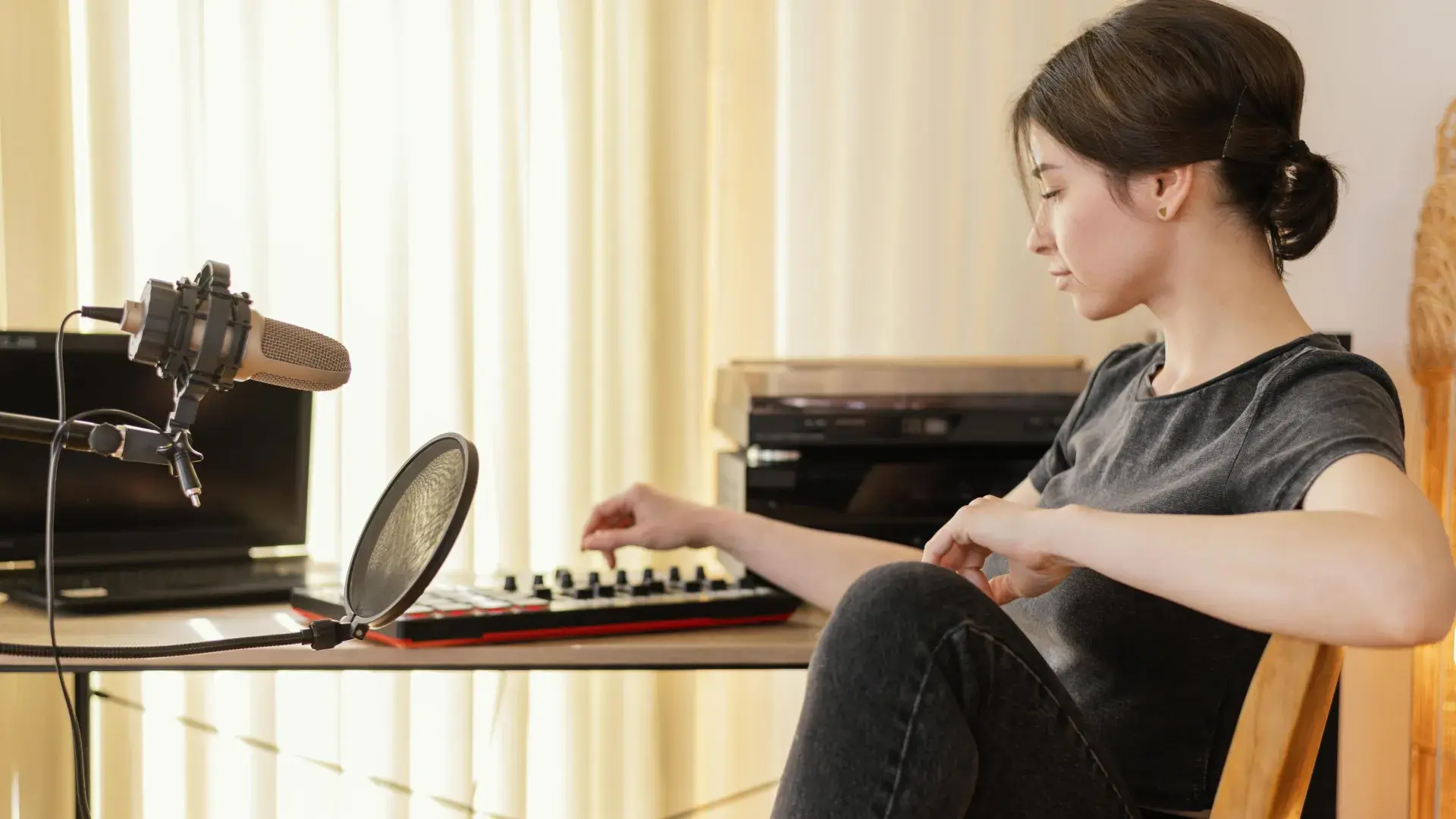 Creative Woman Practicing Music Home