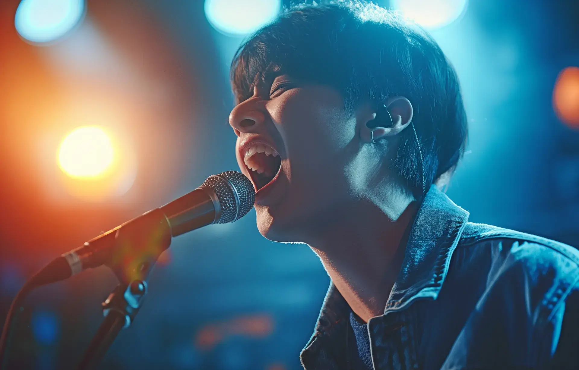 Asian Youth Dressed Blue Jeans Singing Into Microphone