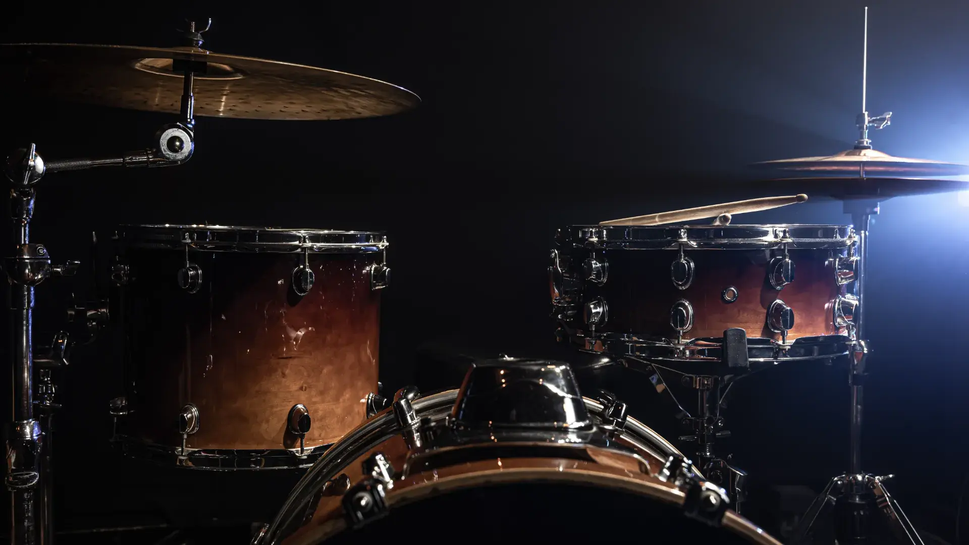 Drums Bass Drum Hi Hat Cymbals Dark Background With Beams From Spotlight Copy Space Cropped